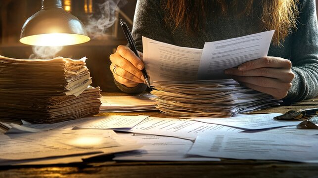 Hiring Manager Reviewing Multiple Resumes on Office Table, Recruitment Process, Career Selection