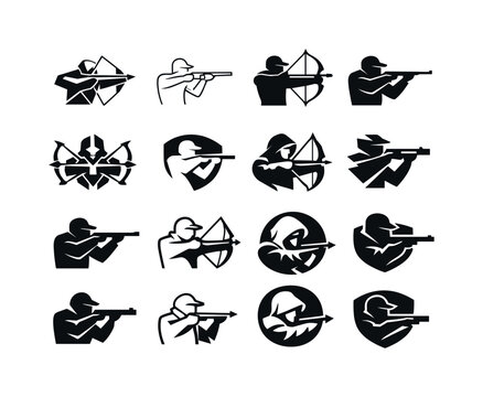 Ruthless hunters. Icon set. Set Logo of ruthless hunters: hunter with bow or rifle. harmonious logo variations of the same emblematic