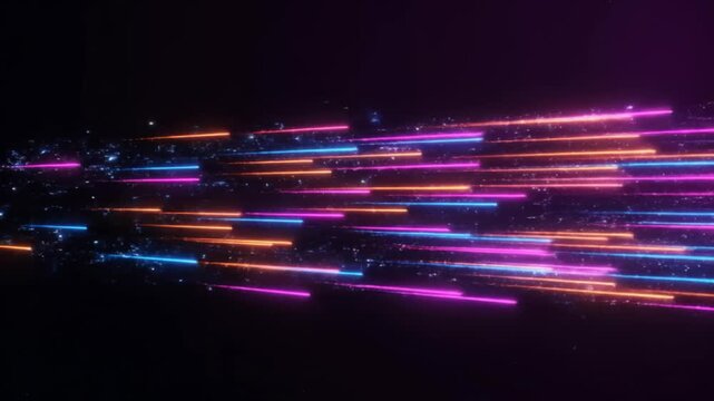 Dynamic shot of neon light trails rushing through abstract digital space