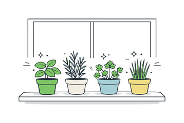 Fototapeta premium Herb Pots Serenity. Herb pots on windowsill. Small herb pots lined up on a bright windowsill, softly lit and evenly spaced. The scene feels calm and homely,