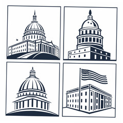 Four distinct architectural buildings with domes and spires illustrated in black and white Vector © Mithila