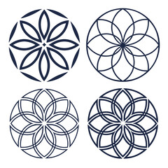 Four intricate geometric patterns with symmetrical designs and circular shapes Vector