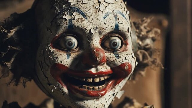 Creepy clown mask with cracked paint and sinister grin