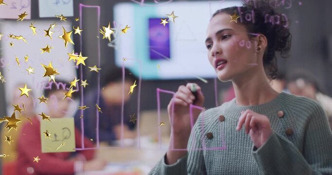 Presenter picking marker, drawing business bar chart on glass while gold stars drifting over chart