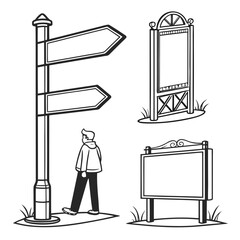 A person standing near a signpost with multiple directional signs. Vector © Mithila