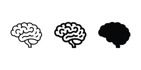 Human brain vector icon set with linear, Bold, and glyph silhouette styles for psychology, Neurology, and artificial intelligence design