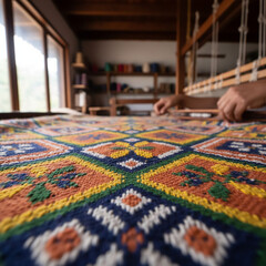 Hands working on a colorful textile pattern in a local artisan workshop in the afternoon light