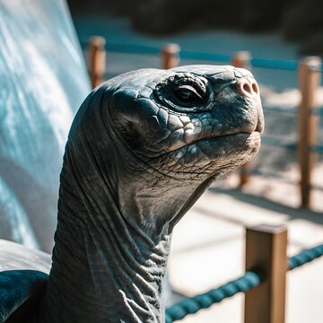 A close-up of an old giant Galapagos tortoise head reveals the detailed skin and eye of this slow reptile in its wild nature habitat