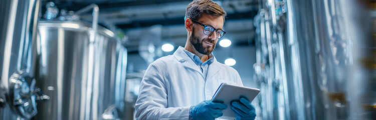 Fototapeta premium Male scientist in a white lab coat and blue gloves examining data on a tablet in a modern laboratory setting