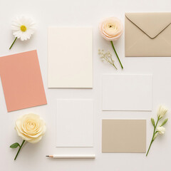 Collection of stationery and flowers on a flat surface for greeting card design and writing