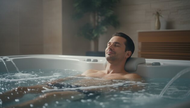 Man relaxing in hydrotherapy tub in bubbling spa bath with warm light and peaceful wellness atmosphere