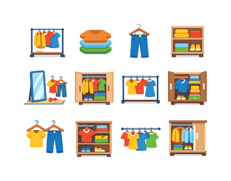 Daily Outfit Access. Colorful flat vector icons set of Daily Outfit Access: go-to clothes rack, everyday shirts, favorite jeans hanger, easy