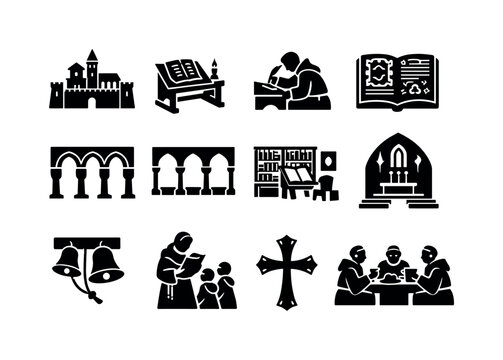 Medieval Monastery Culture. Solid icon set of Medieval Monastery Culture: fortified abbey, scriptorium desk, monk writing, illuminated