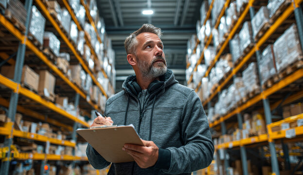 Male warehouse worker with gray beard and short hair wearing a dark gray hoodie taking notes on a clipboard amidst high industrial storage shelves filled with cardboard boxes