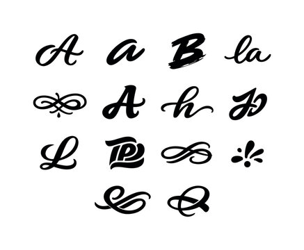 Calligraphy in modern design. Solid icon set of lettering styles: cursive letter, sans serif script, bold brushstroke, monoline lettering,