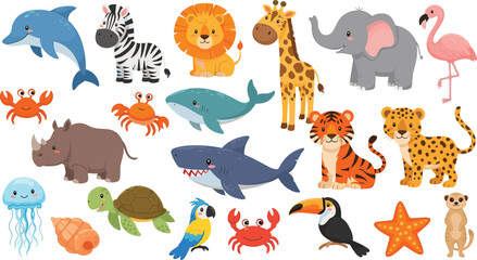 Fototapeta premium Cute animal collection with jungle safari and ocean wildlife characters including lion shark dolphin turtle zebra and flamingo cartoon vector illustration set