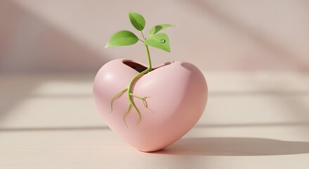 Detailed 3D illustration of a plant with visible roots hugging a heart pot, representing deep emotional healing and self-nurturing.