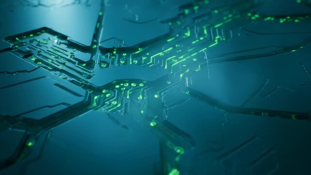 Slow slide over futuristic motherboard transmitting glowing green data signals