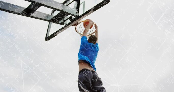 Red-tank man starting basketball layup, blue shirt jumping, dunking for score, camera following rim