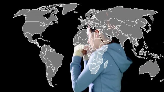 Woman shadowboxing from guard, turning while training fitness with grey map overlay and hand wraps