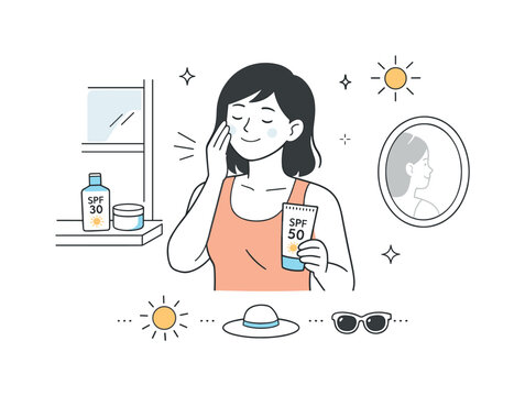 Calm Skincare Ritual. Sun protection products skincare routine. A person calmly applying sunscreen while standing near a window or mirror. The mood is gentle,