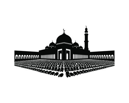 Mosque with people praying (small figures) vector silhouette illustration design set collection, mosque with people praying silhouette, mosque with worshippers vector, muslims praying at mosque