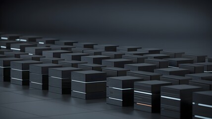 Obraz premium Row of black server cube on dark floor representing large dataset concept, storage, and data center infrastructure.