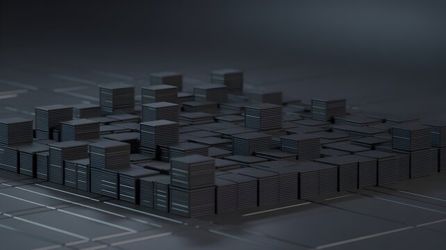 Dark grid of stacked black cube representing large dataset concept, storage node and data center abstraction, orderly array and scalability.