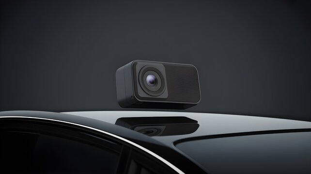 Compact dash cam mounted on car roof, representing vehicle recording, safety monitoring and evidence capture.