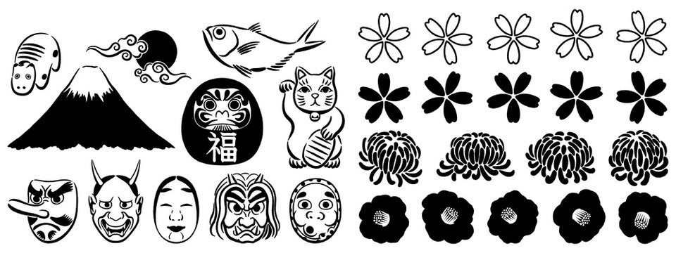 Japanese themed illustrations isolated on transparent background, hand-drawn smi ink drawings