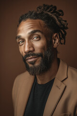 Fototapeta premium Cinematic head and shoulders portrait of a smiling Afro-Caribbean man with locs wearing a tan blazer as a charismatic rogue sky captain character against a warm solid background.