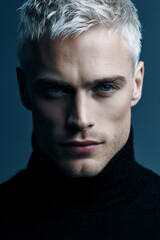 Fototapeta premium Stoic Nordic man with short icy blond hair wearing a black turtleneck as a fictional ice mage character against a solid dark background.