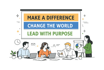 Naklejka premium Purpose washing business. A company presentation showing big purpose words on a screen while daily work tasks remain unchanged below. The
