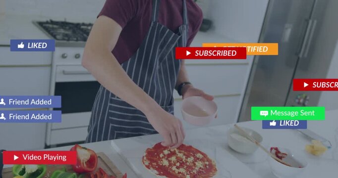 Teen boy creating cooking content, spreading sauce and cheese on pizza, incoming badges appearing