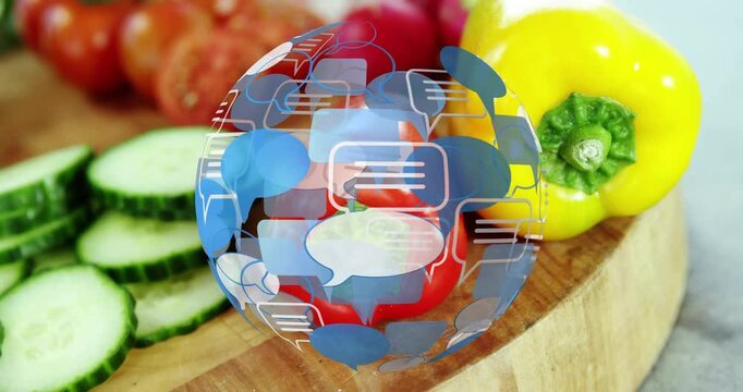 Translucent globe appearing over board, rotating, shifting bubbles, showing cucumber tomato pepper