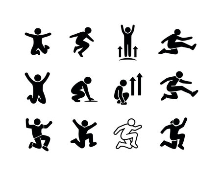 Jumping Icons Grid. Jumping. Solid icon set of jumping: person jumping, jump silhouette, vertical jump, long jump, jumping with arms up, jump landing, jump