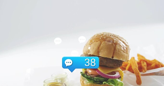 Blue chat-bubble appearing lower-center, counting while burger sliding in, showing rising orders