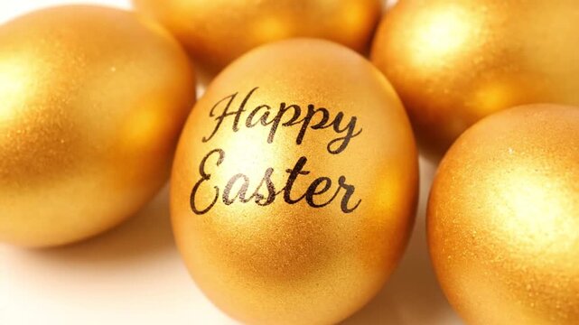 Golden Easter eggs arranged together with one prominently featuring elegant cursive text &ldquo;Happy Easter,&rdquo; symbolizing springtime celebration, festive tradition, and the joy of the holiday season