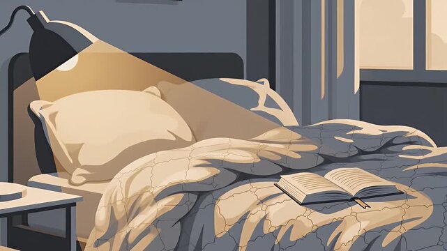 Desk lamp illuminates empty bed in dark cozy bedroom interior