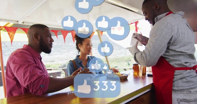 Pair inspecting paper at stall, causing animated likes and counter hitting 999 server handing order