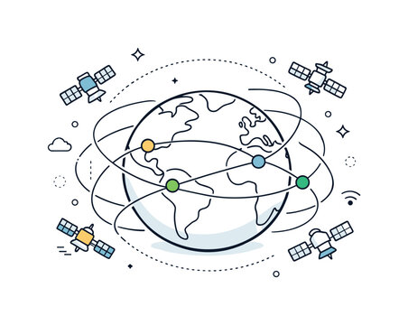 Global Connectivity Illustration. Global connectivity satellites. Satellite constellation surrounding a simplified globe with signal lines connecting