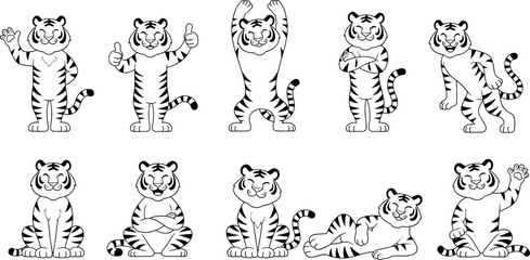 Cute Cartoon Tiger Line Art Set with Funny Poses Black and White Wild Animal Characters for Kids and Creative Design © PUTUL