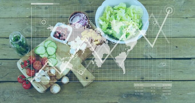 Map appearing, overlay animating markers and rising graph, visualizing regional data over salad