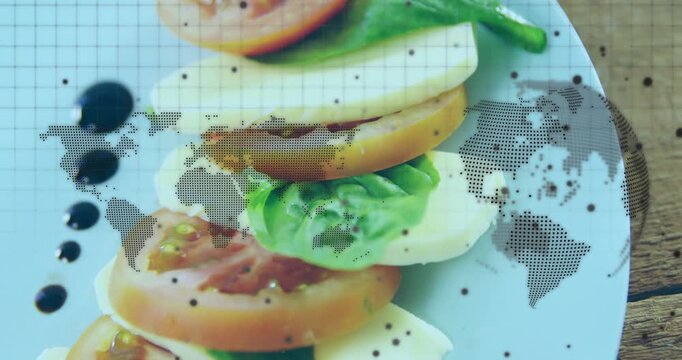 Stacked caprese staying still while camera moving down right, overlay shifting, showcasing plate