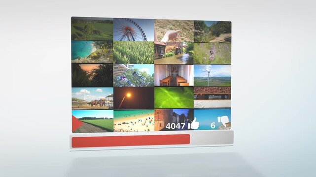 Animated collage of online video previews showing engagement metrics, view counts, reaction icons, and progress indicators, symbolizing content consumption and audience interaction on social platforms