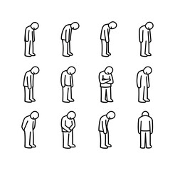 Person with Head Down. Person with Head Down. Line icon set of Person with Head Down: standing person head down, slouched posture, looking at floor, lowered