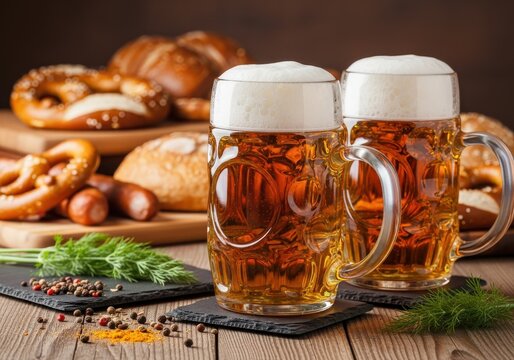 Two overflowing steins of amber liquid sit before a spread of baked goods and sausages on a wooden table