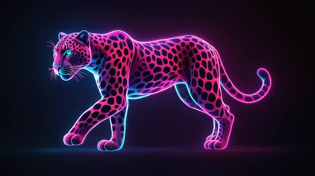 "Neon leopard glowing in pink, purple, and blue on dark background"
