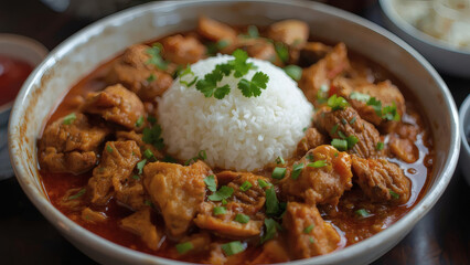 Fototapeta premium Savor the rich and aromatic flavors of a homemade chicken curry, perfectly paired with fluffy white rice and fresh herbs, an inviting and delicious meal
