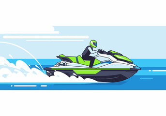 Person riding a jet ski on the ocean with a splash, viewed from the side on a sunny day
